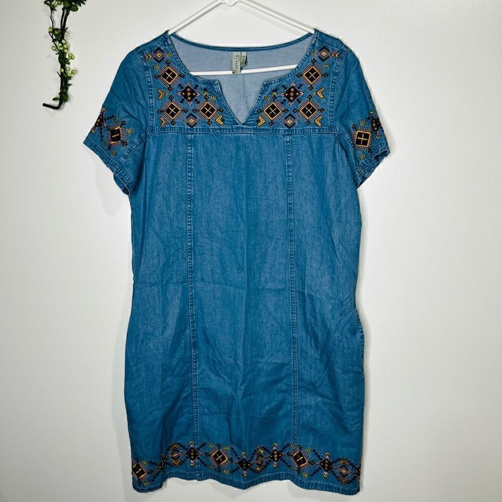 Sahalie Chambray Denim Embroidered Dress with Pockets